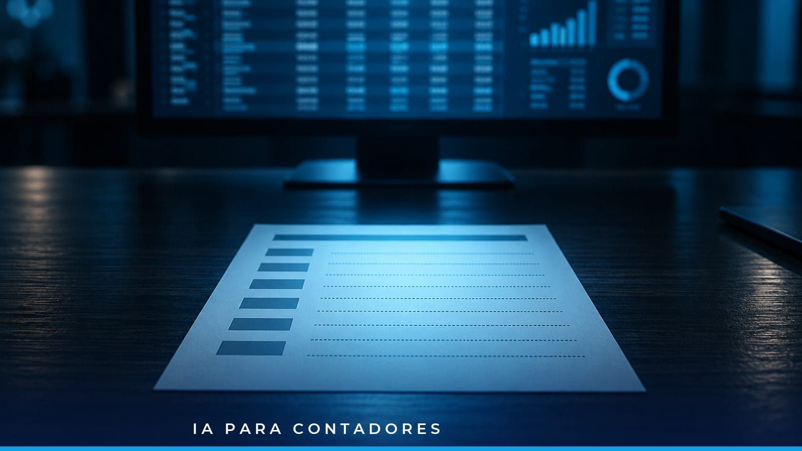 Formulario con campos en blanco iluminado en azul sobre un escritorio oscuro, frente a una pantalla con datos: los parámetros que hay que declarar antes de pedir un análisis a la IA