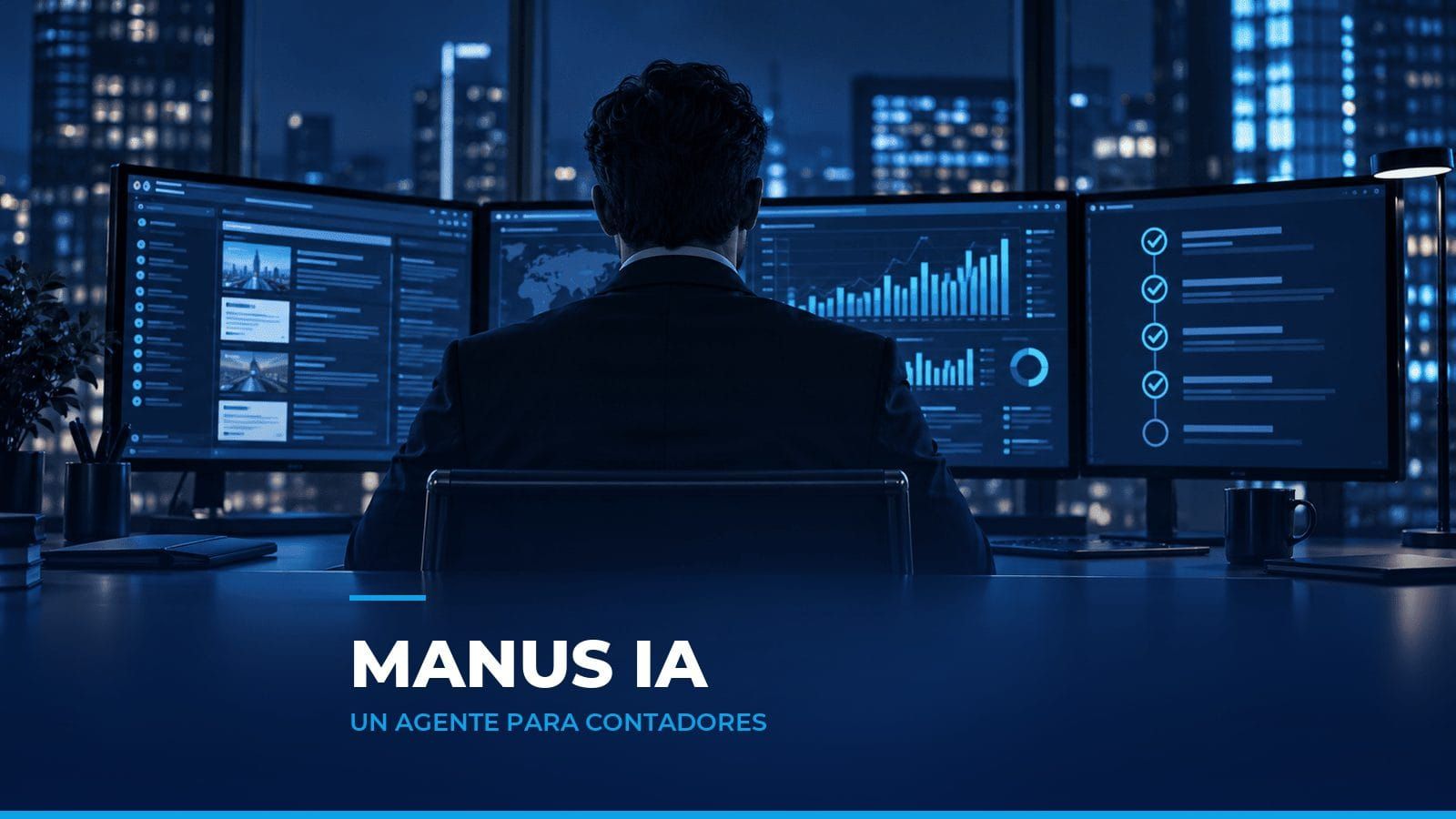 Analista de espaldas frente a tres pantallas con navegador, informe con gráficas y lista de pasos completados, como símbolo del agente Manus IA