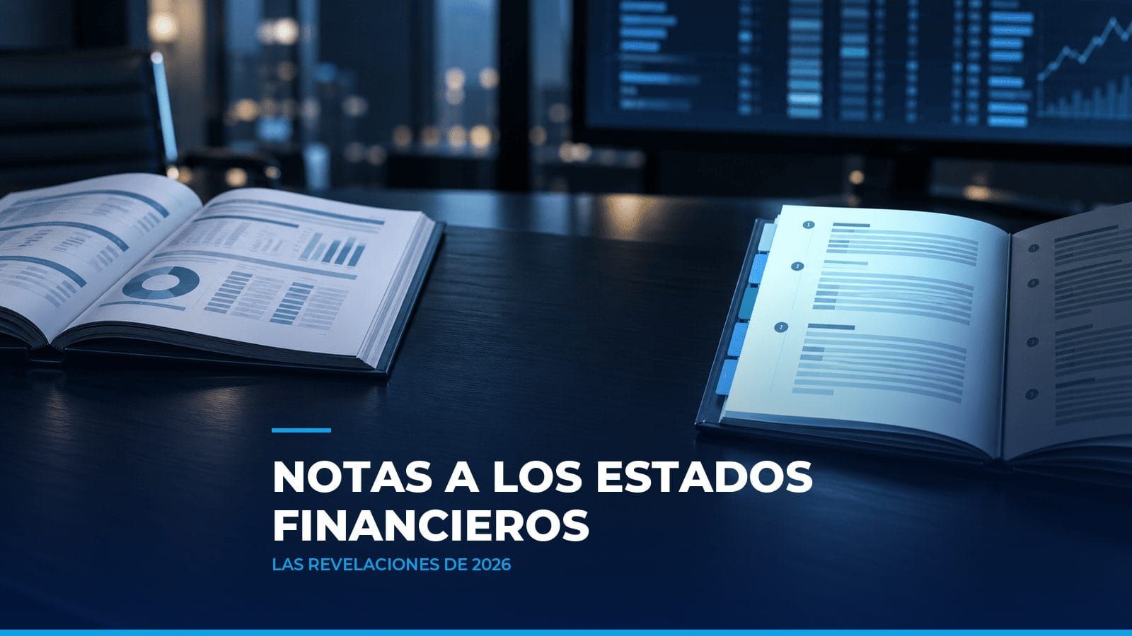 Estados financieros encuadernados junto a un cuadernillo de notas con pestañas y una página nueva iluminada en cian, como símbolo de las notas a los estados financieros 2026