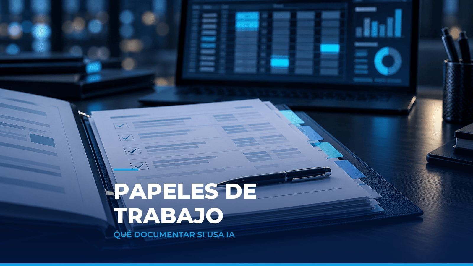 Carpeta de papeles de trabajo abierta con marcas de verificación y un bolígrafo, frente a una pantalla con celdas resaltadas, como símbolo de la documentación de auditoría con IA
