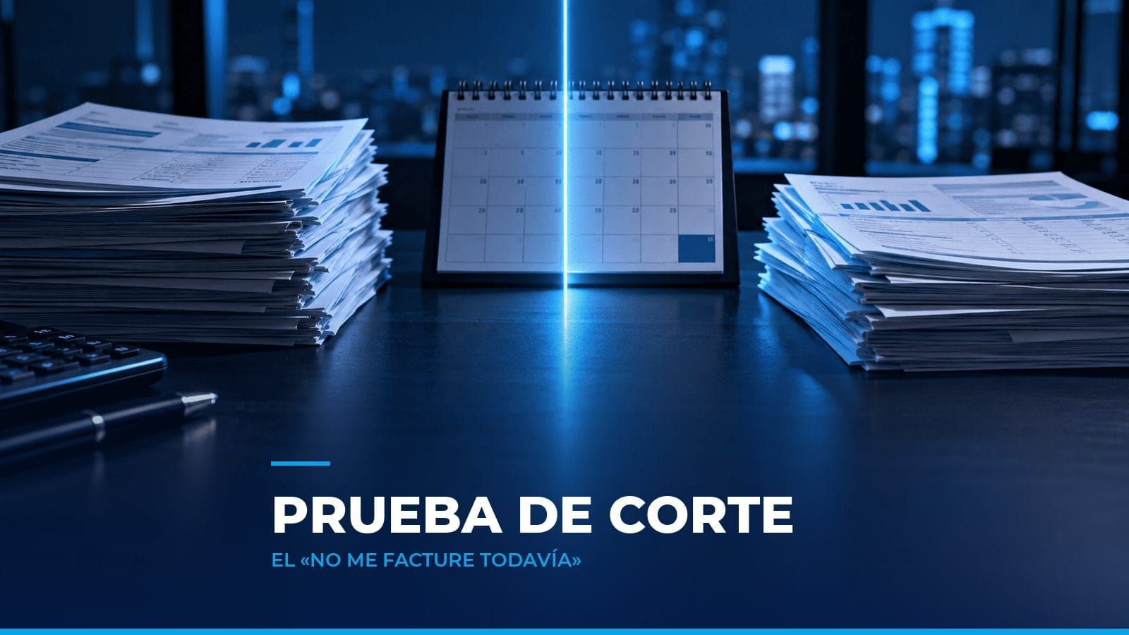 Calendario de escritorio dividido por una línea de luz cian con facturas apiladas a cada lado, como símbolo de la prueba de corte en auditoría