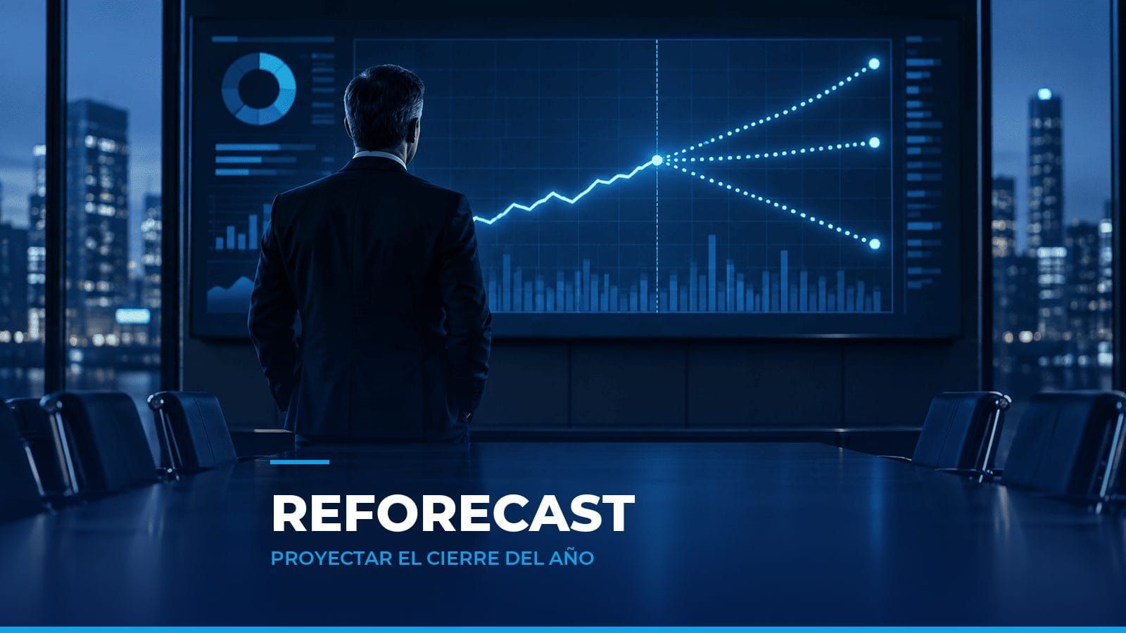 Director financiero de espaldas frente a una gráfica cuya línea real se abre en tres escenarios hacia fin de año, como símbolo del reforecast