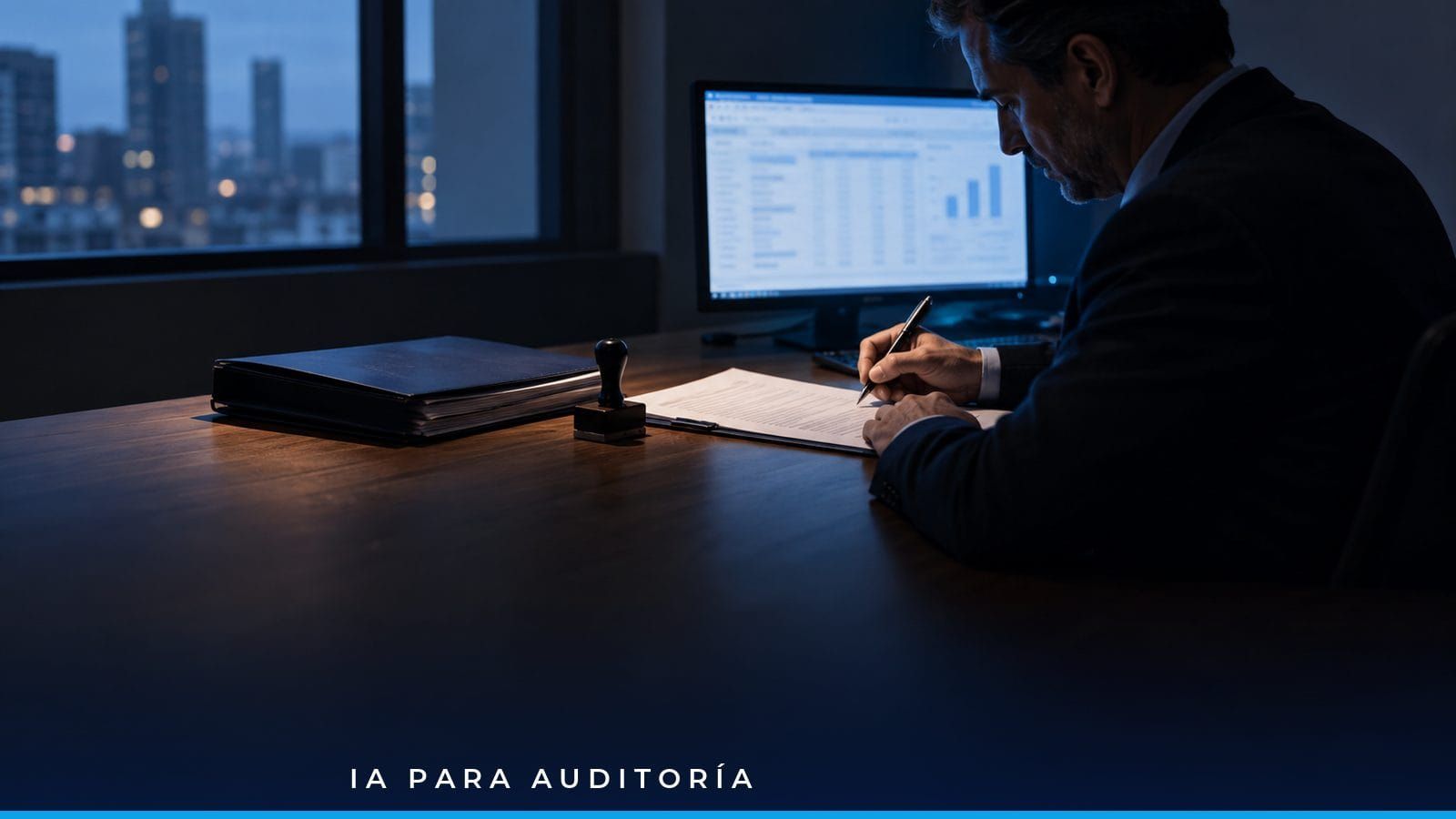 Revisor fiscal firmando el dictamen junto a una pantalla con analítica de asientos contables