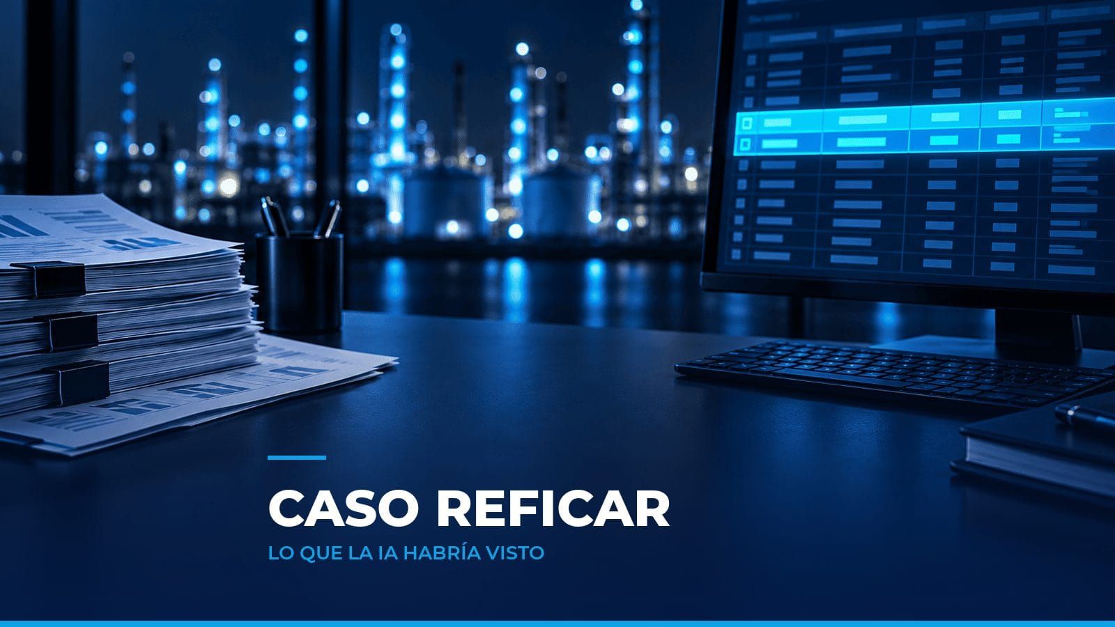 Refinería iluminada de noche al fondo y un monitor con dos pagos gemelos resaltados, como símbolo del caso Reficar analizado con auditoría e IA