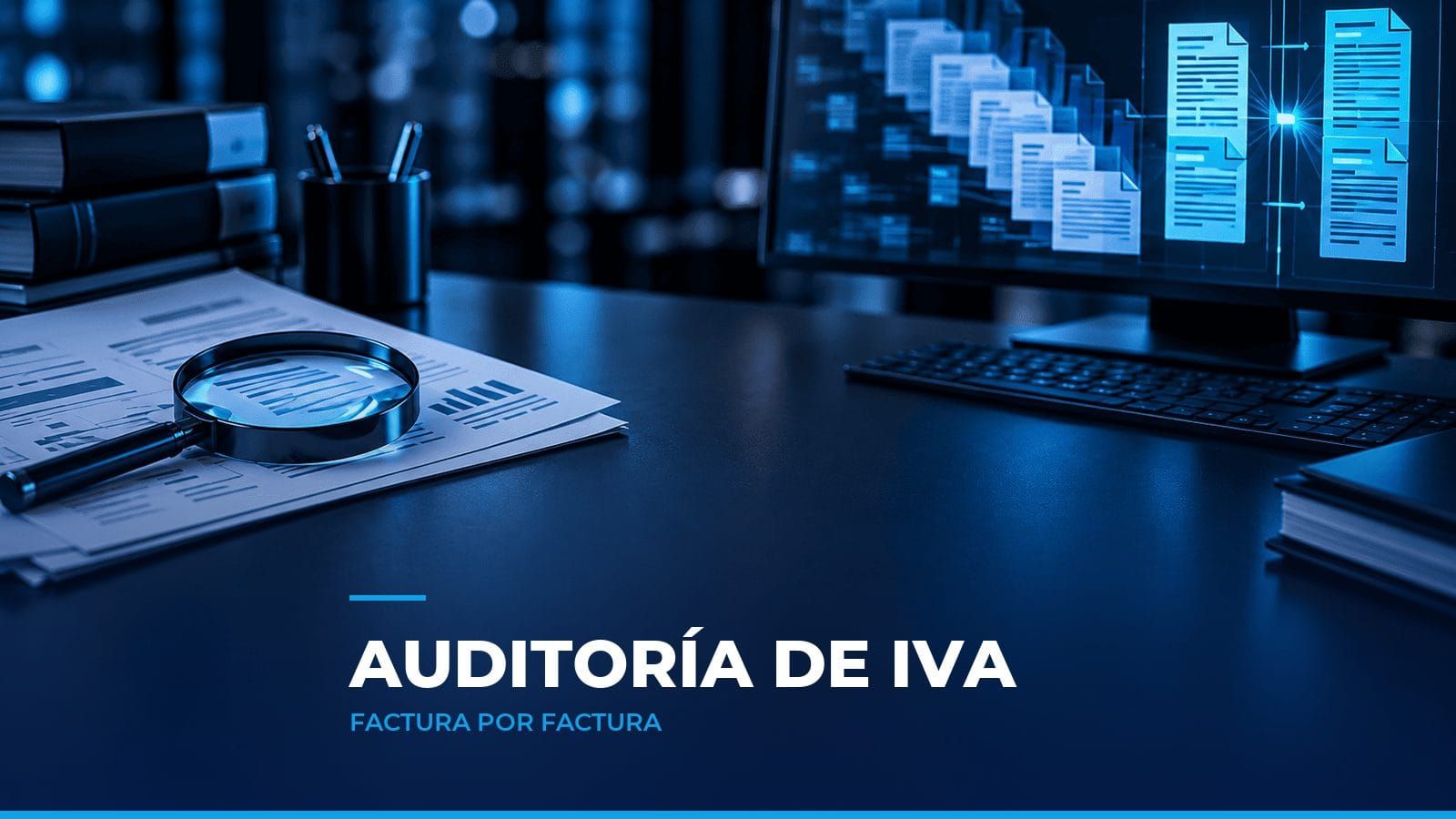 Formulario impreso y lupa sobre una factura con documentos en cascada al fondo, como símbolo de la auditoría de la declaración de IVA