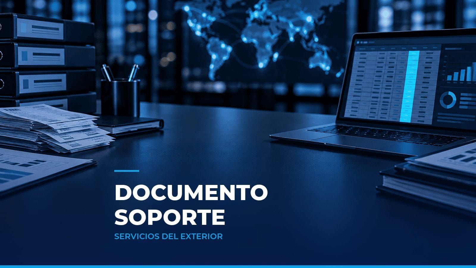 Carpetas por mes y recibos de proveedores extranjeros junto a un portátil con una hoja de control, como símbolo del documento soporte de servicios del exterior