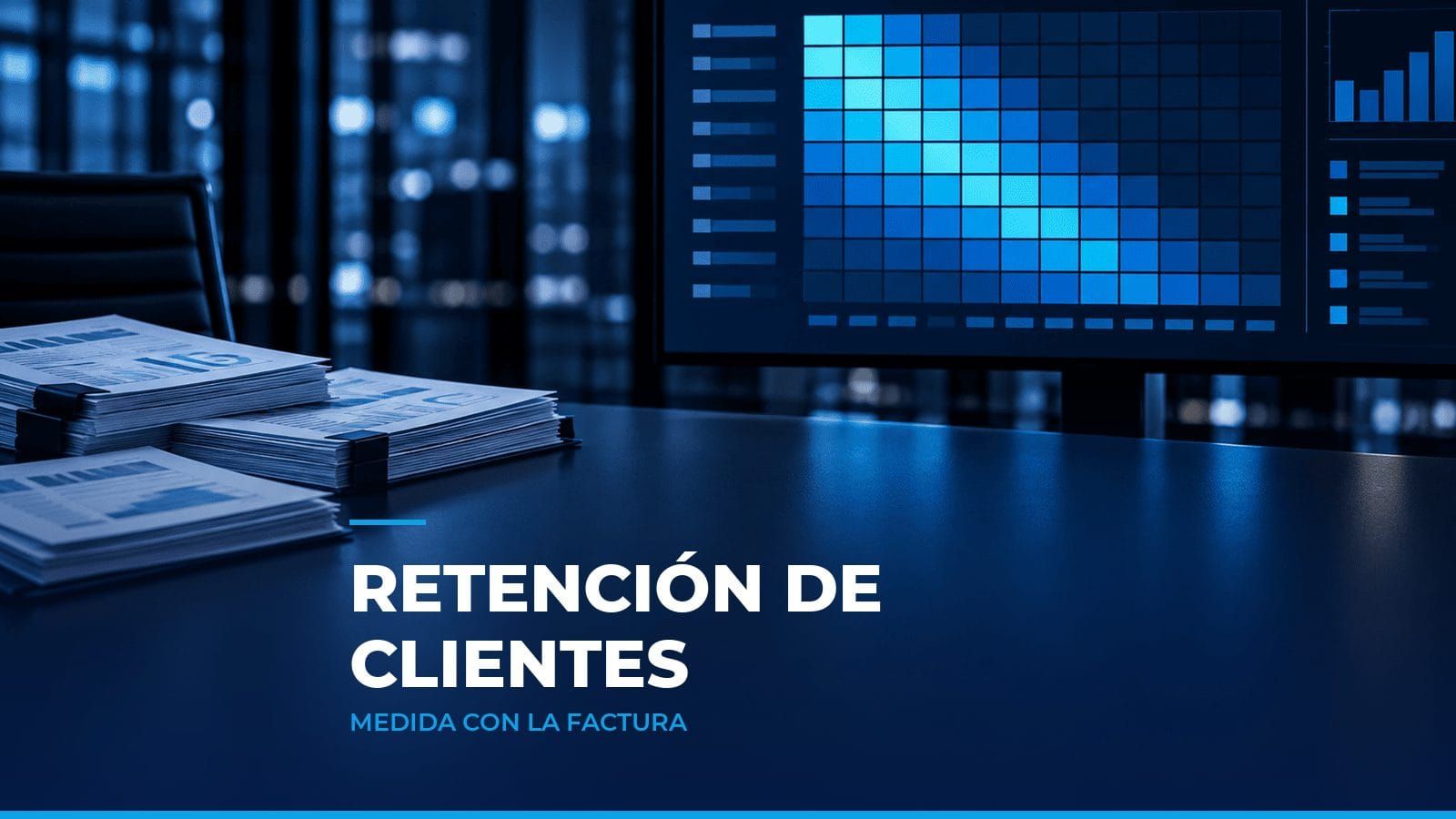 Pantalla con un mapa de calor de cohortes y una pila de facturas, como símbolo de la retención de clientes medida con la factura electrónica