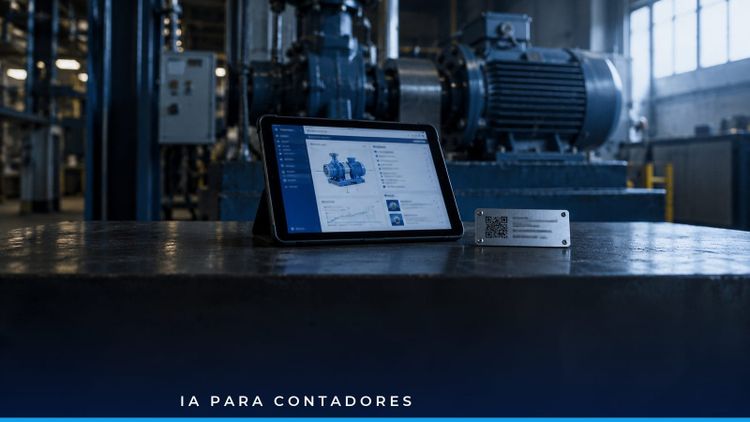 Contador revisa placas de maquinaria frente a una matriz de depreciación contable y fiscal