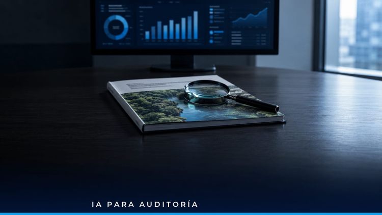 Auditora revisando en pantalla el inventario de emisiones de un reporte de sostenibilidad corporativo