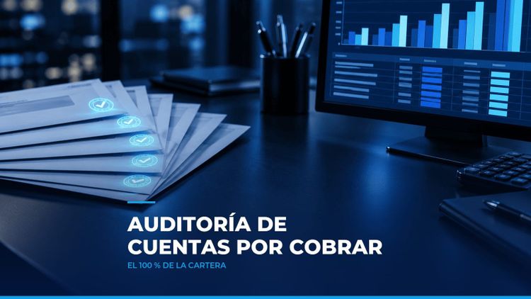 Sobres de confirmación en abanico con sellos iluminados junto a un monitor con la cartera por edades, como símbolo de la auditoría de cuentas por cobrar
