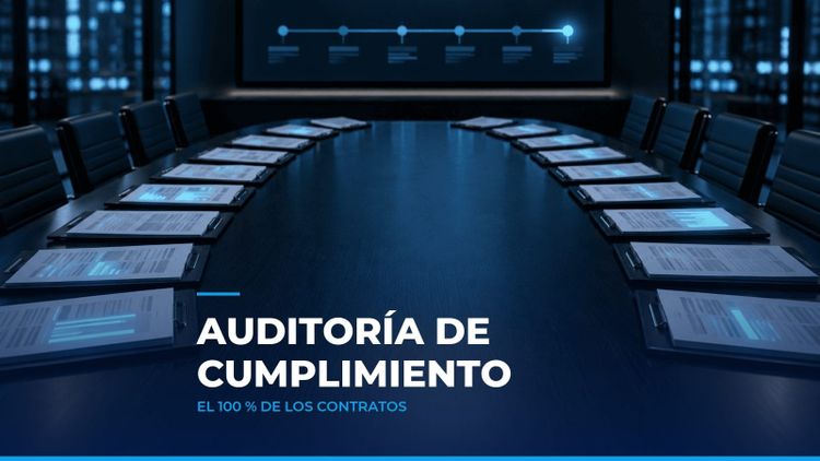 Mesa de juntas con contratos en fila iluminados en cian y una línea de tiempo de vencimientos al fondo, como símbolo de la auditoría de cumplimiento con IA