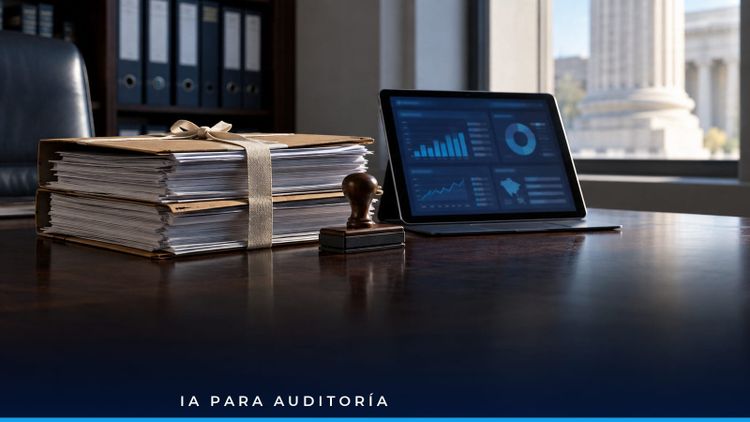 Auditora de contraloría revisa contratos públicos en pantalla con analítica asistida por IA