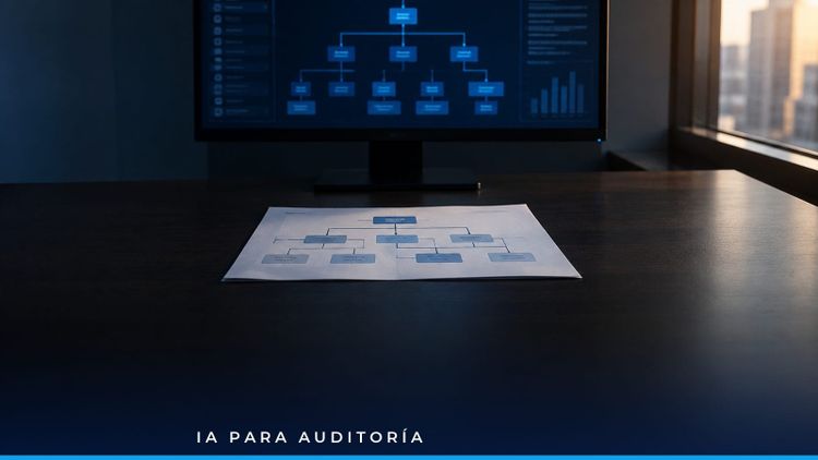 Auditor revisando un mapa de vinculación societaria en pantalla junto a estados financieros
