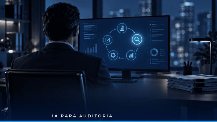 Auditor de espaldas frente a una pantalla con un ciclo de auditoría iluminado en azul, como símbolo de la formación en IA para auditoría interna