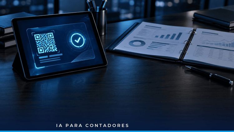 Credencial digital con código de verificación iluminada en azul sobre un escritorio de contador, junto a una carpeta de entregables, como símbolo de lo que acredita una certificación
