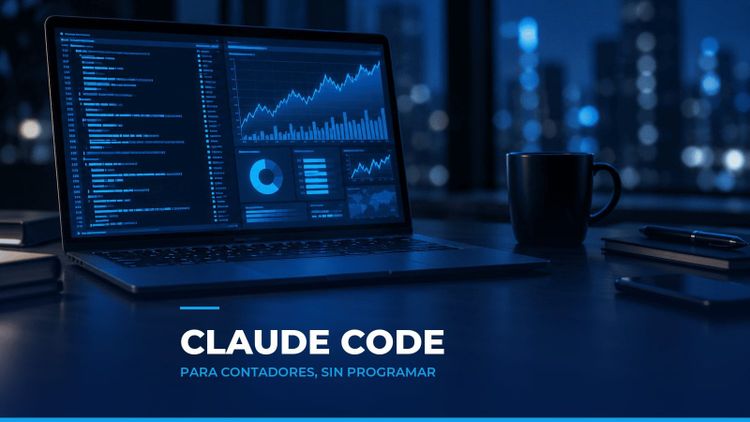 Portátil con líneas de código a un lado y un tablero financiero con gráficas al otro, como símbolo de Claude Code para contadores