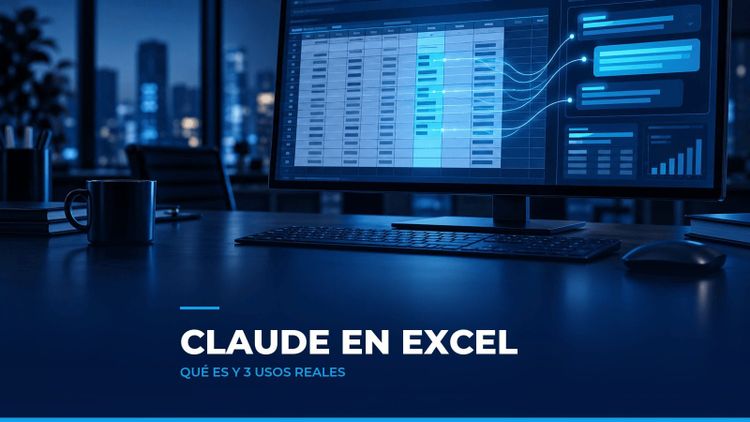 Monitor con una hoja de cálculo y un panel lateral de asistente del que fluyen líneas cian hacia las celdas, como símbolo de Claude en Excel para contadores