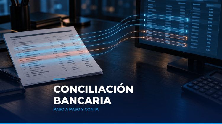 Extracto bancario impreso unido por líneas de luz cian a un auxiliar de bancos en pantalla, con partidas sin pareja resaltadas, como símbolo de la conciliación bancaria