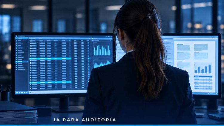 Auditora revisando en pantalla la población completa de transacciones junto a sus papeles de trabajo
