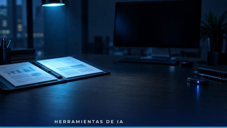 Carpeta de documentos iluminada por luz azul sobre un escritorio oscuro, junto a un monitor apagado, como símbolo de conservar el trabajo propio fuera de una plataforma