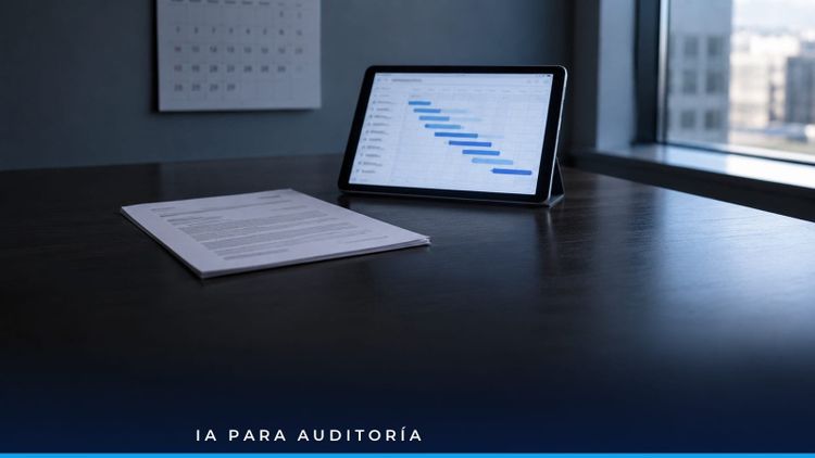 Auditor revisando en pantalla actas y noticias posteriores al cierre antes de firmar el dictamen