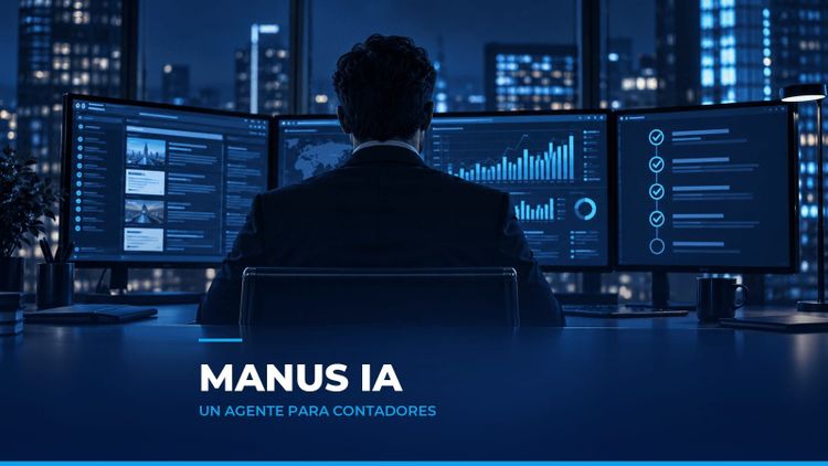 Analista de espaldas frente a tres pantallas con navegador, informe con gráficas y lista de pasos completados, como símbolo del agente Manus IA