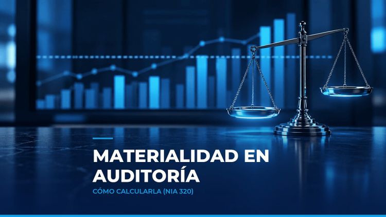 Balanza de precisión iluminada en cian frente a una gráfica de barras con una línea de umbral, como símbolo de la materialidad en auditoría