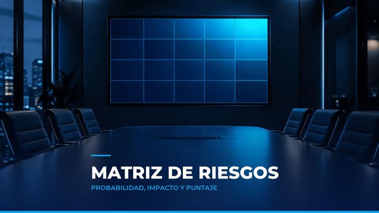Sala de juntas oscura con una pantalla que muestra una matriz en cuadrícula con celdas iluminadas en cian, como símbolo de la matriz de riesgos de auditoría