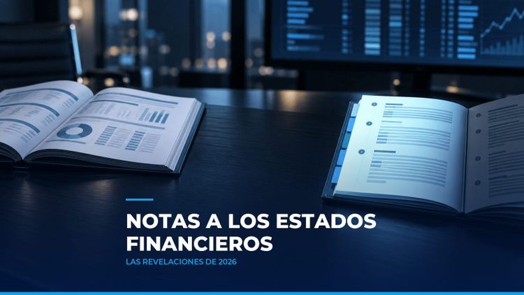 Estados financieros encuadernados junto a un cuadernillo de notas con pestañas y una página nueva iluminada en cian, como símbolo de las notas a los estados financieros 2026