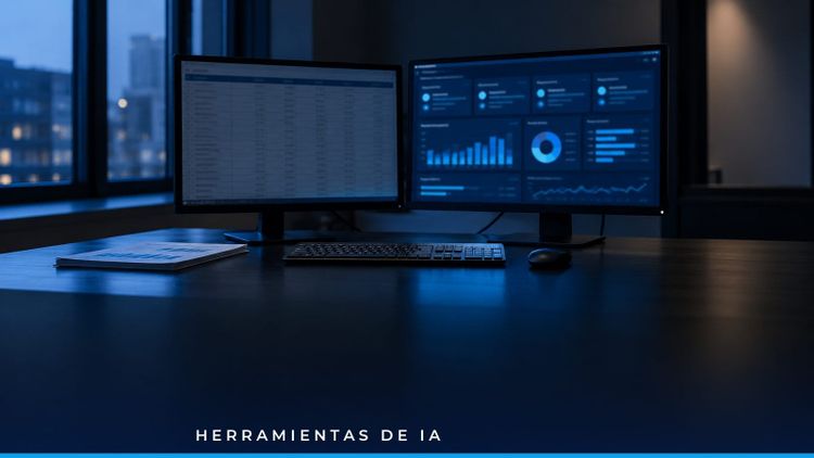 Contador revisando en pantalla un dashboard financiero con tarjetas de KPI y tendencias