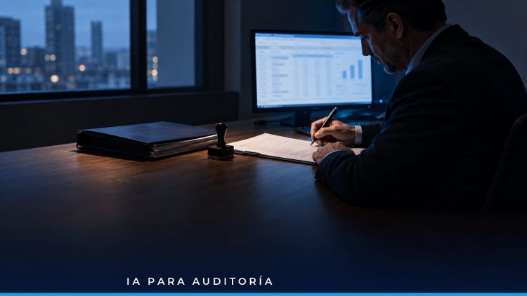 Revisor fiscal firmando el dictamen junto a una pantalla con analítica de asientos contables