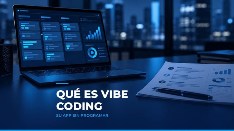 Portátil con una aplicación de tarjetas en columnas junto a un documento de requerimientos y un bolígrafo, como símbolo del vibe coding para contadores