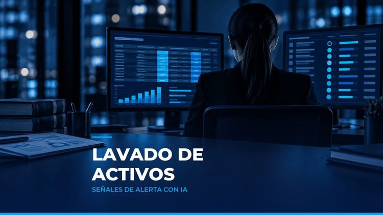 Auditora de espaldas frente a un estado financiero y una lista de terceros con semáforos, como símbolo de las señales de alerta de lavado de activos
