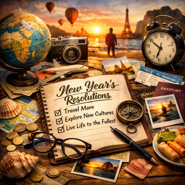 An image depicting a New Years Resolution checklist, an alarm clock, a plate of food, a camera, a globe, some photographs and a sunset. 