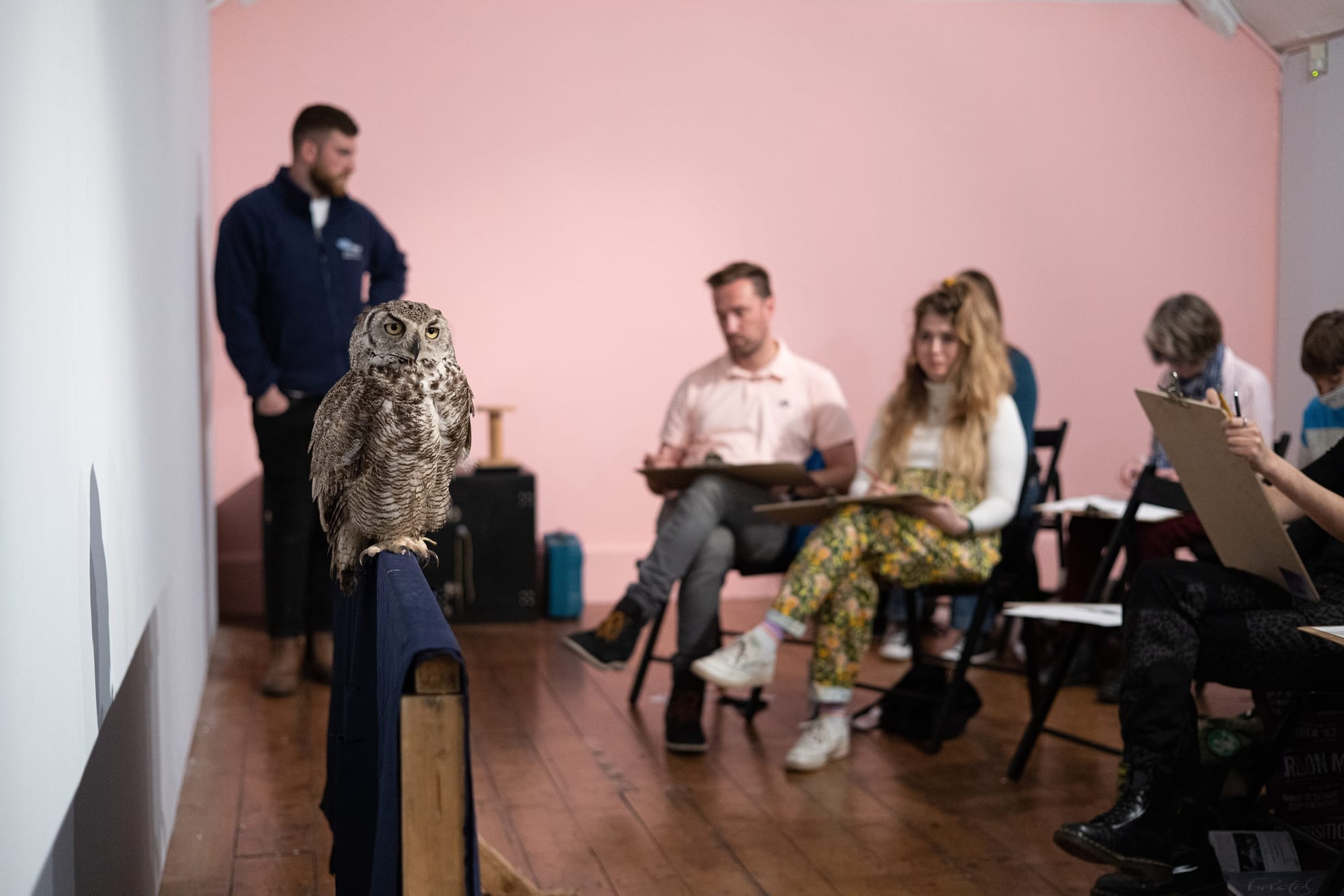 People in a drawing class sit drawing a live owl while a tutor looks on