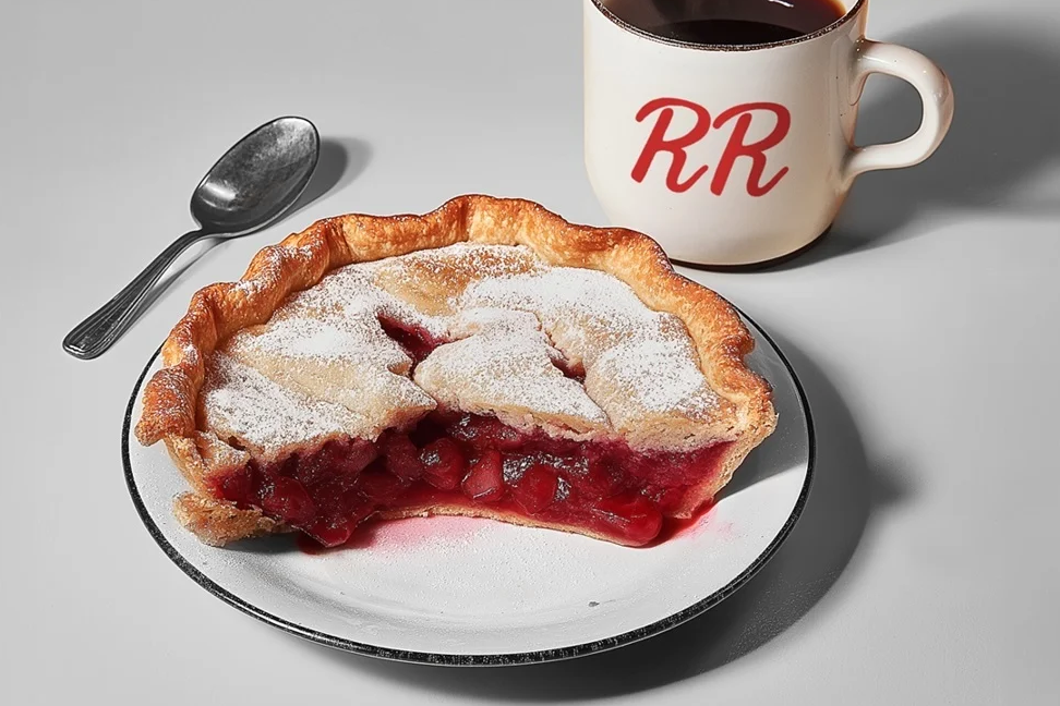 A half eaten fruit pie sits on a plate on a white table. Next to it is a silver spoon and a coffee cup bearing the initials 'RR'