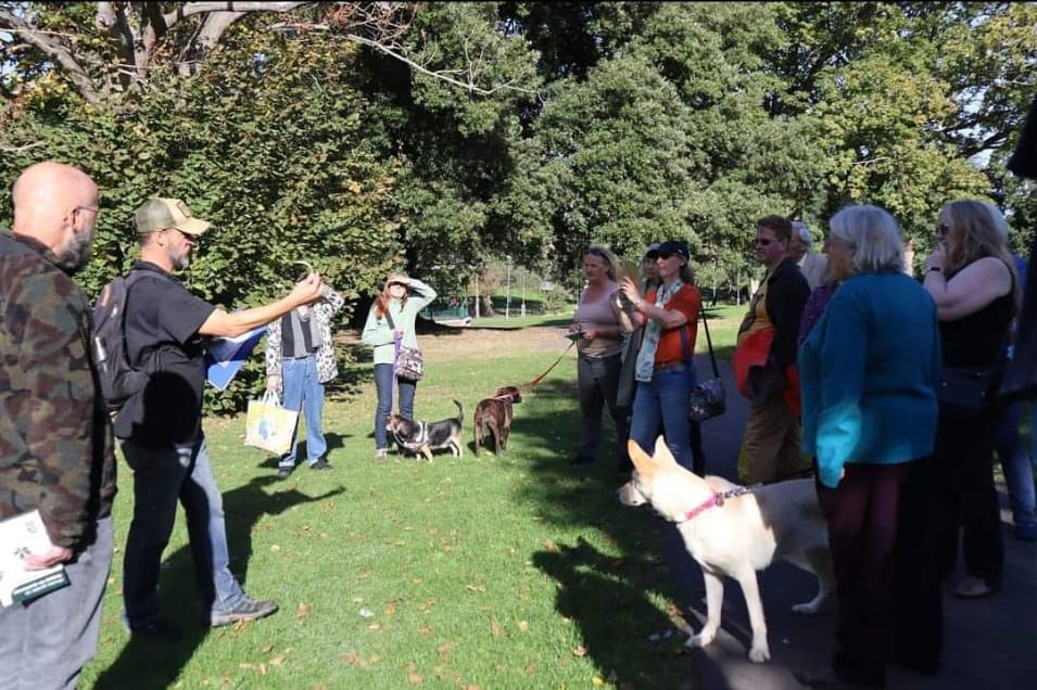 A group of people, some with dogs, stand in a wooded area