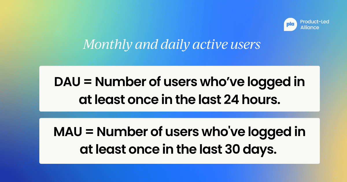 Monthly and daily active users - DAU = number of users who’ve logged at least once in the last 24 hours. MAU = number of users who've logged in at least once in the last 30 days.