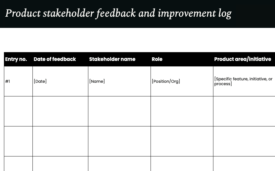Product stakeholder feedback and improvement log template