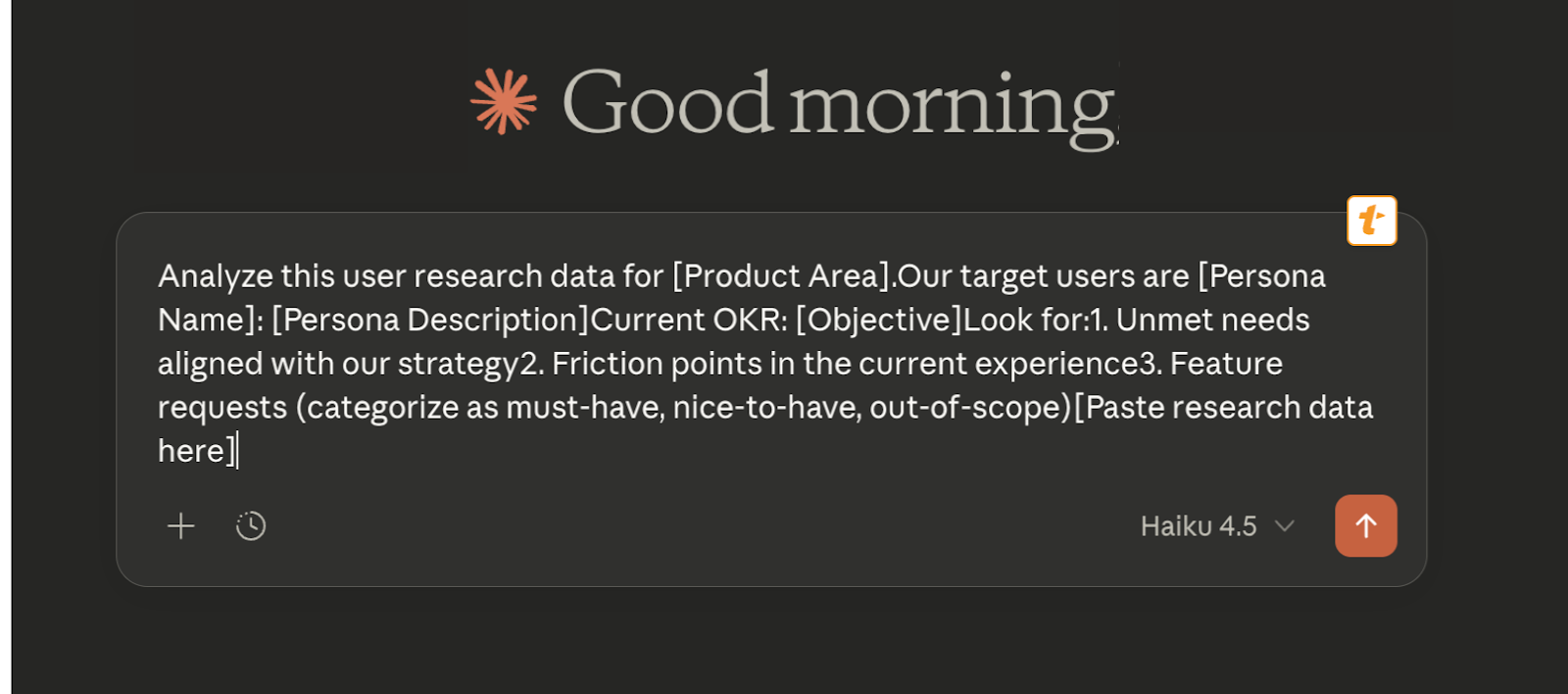 Example of a saved snippet in Claude, where the prompt has now expanded. 
