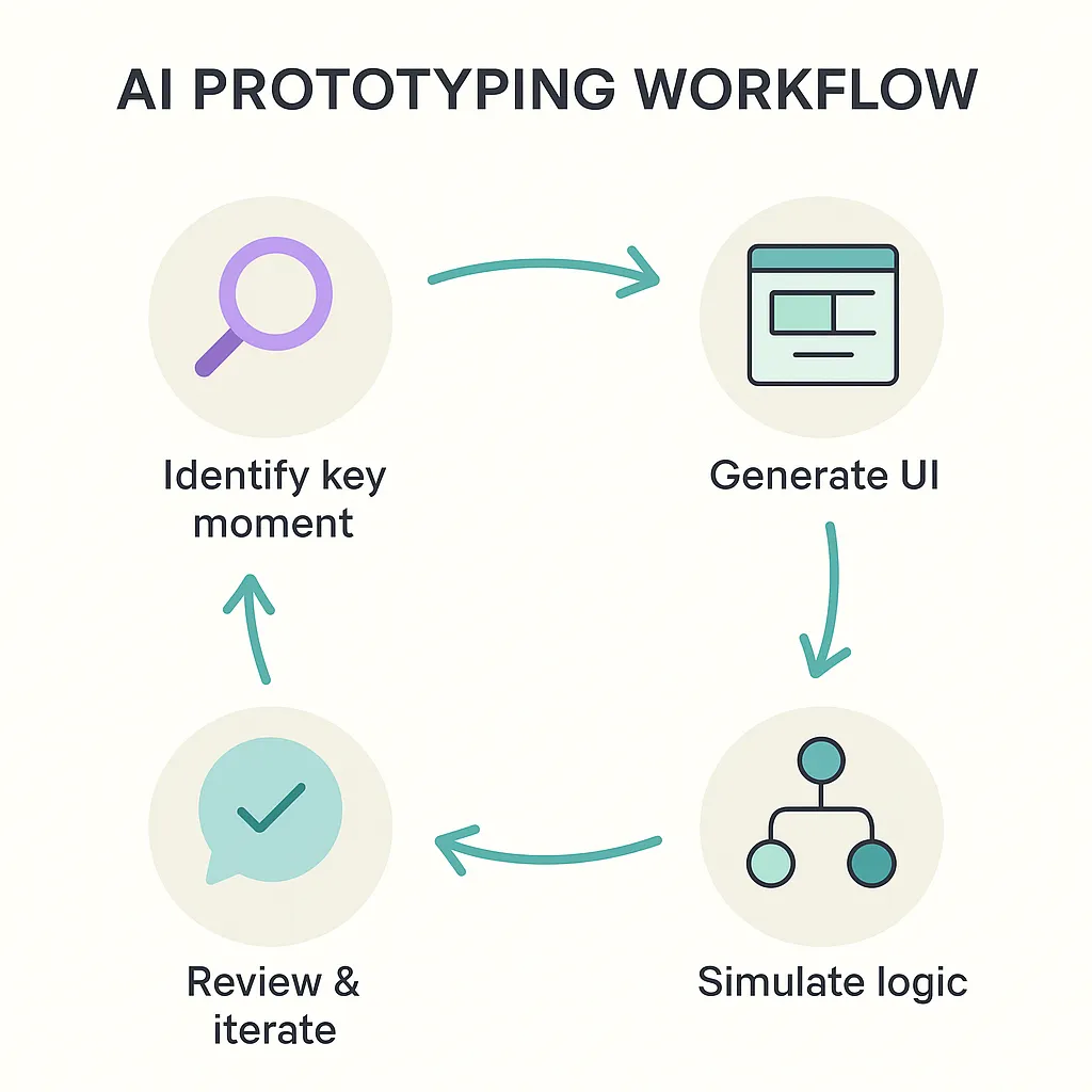 AI prototyping workflow. Each step is connected with an arrow, forming a loop. The steps are identify key moment, generate UI, simulate logic, and review & iterate