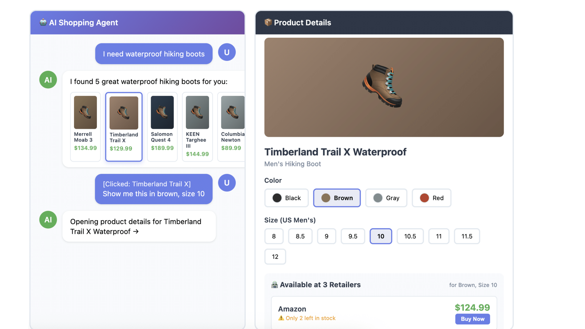 "A mockup of an AI Shopping Agent interface showing a chat window where a user asks for waterproof hiking boots, alongside a Product Details page with color/size options and a list of retailers."