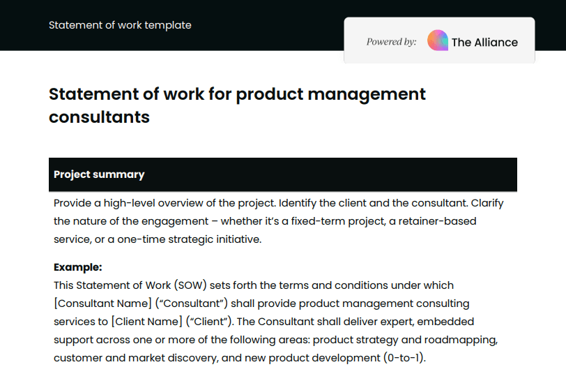 Statement of work for product management consultants