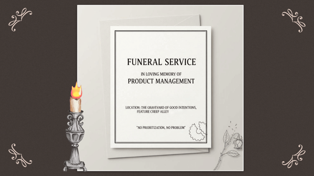 A funeral service card reading "In Loving Memory of Product Management," located at "The Graveyard of Good Intentions, Feature Creep Alley," with the epitaph "No Prioritization, No Problem," displayed beside a lit candle on an ornate candlestick against a dark background.