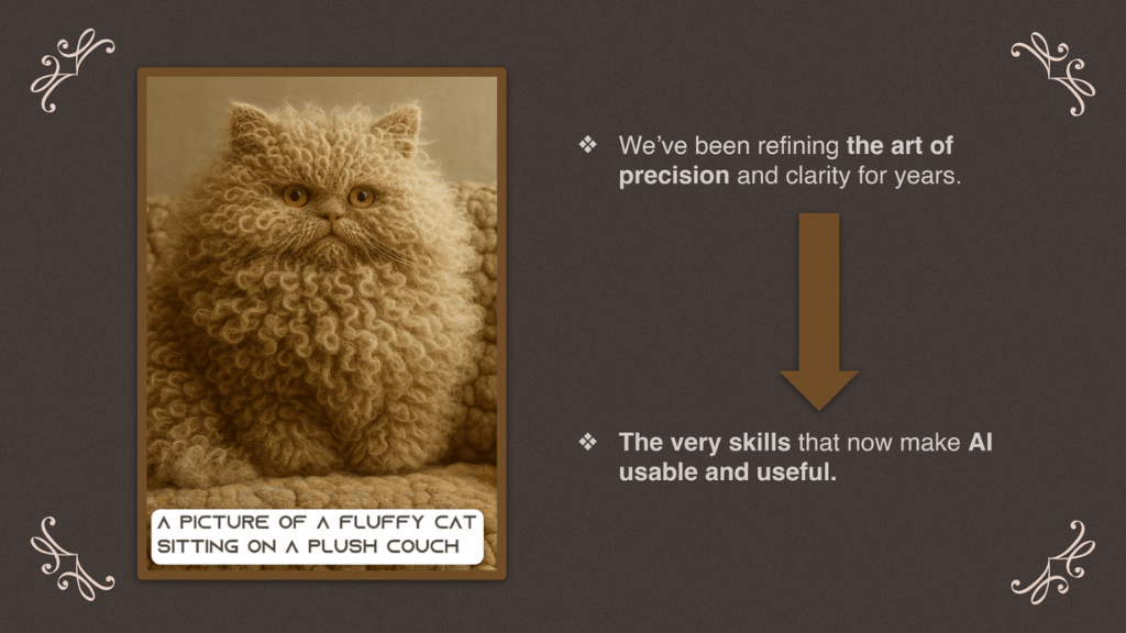 An AI-generated sepia-toned image of an extremely fluffy Persian cat sitting on a plush surface, captioned "A picture of a fluffy cat sitting on a plush couch," beside bullet points stating that PMs have been refining the art of precision and clarity for years — the very skills that now make AI usable and useful.