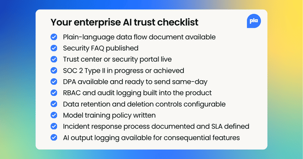 Your enterprise AI trust checklist: Plain-language data flow document available, Security FAQ published, Trust center or security portal live, SOC 2 Type II in progress or achieved, DPA available and ready to send same-day, RBAC and audit logging built into the product, Data retention and deletion controls configurable, Model training policy written, Incident response process documented and SLA defined, AI output logging available for consequential features