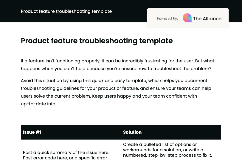 Product feature troubleshooting template 
