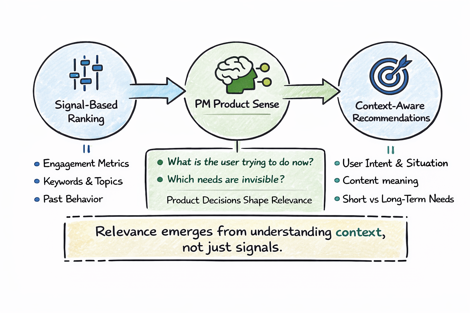 A diagram showing how signal-based ranking (engagement metrics, keywords and topics, past behavior) flows through PM product sense — guided by questions like "what is the user trying to do now?" and "which needs are invisible?" — to produce context-aware recommendations based on user intent and situation, content meaning, and short vs long-term needs. A banner at the bottom reads: "Relevance emerges from understanding context, not just signals."