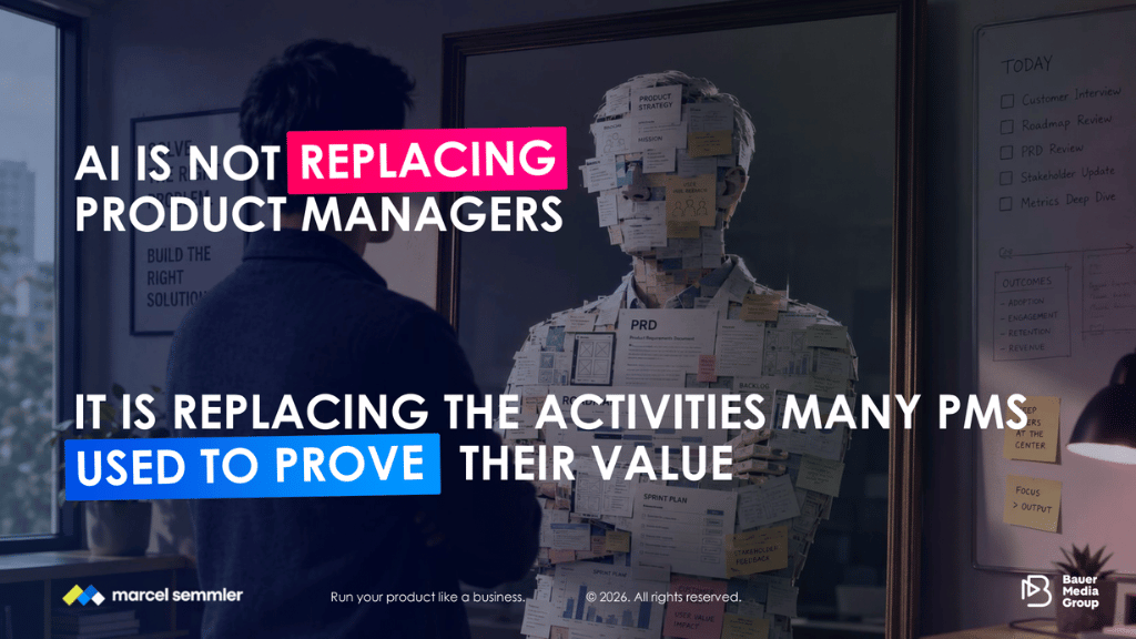 Illustration of a person facing a mirror reflecting a figure made of sticky notes and documents (PRD, sprint plan, roadmap), with text reading "AI is not replacing product managers. It is replacing the activities many PMs used to prove their value," with "replacing" and "used to prove" highlighted.