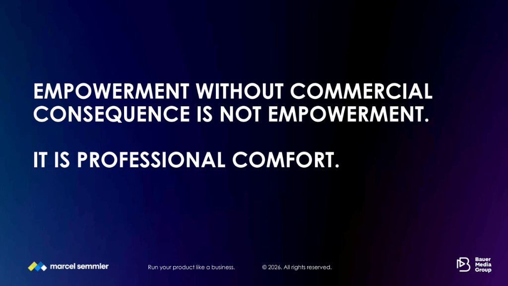 Slide reading "Empowerment without commercial consequence is not empowerment. It is professional comfort."